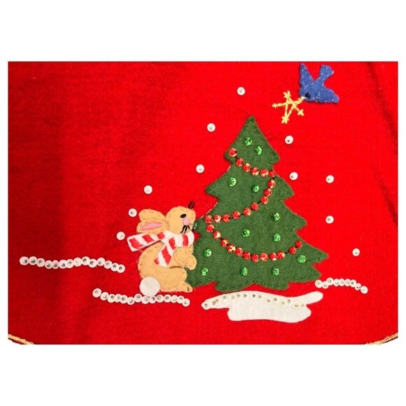 Vtg Red Felt Christmas Tree Skirt 34" Snowman Reindeer Sequin Embroidery Decor - Picture 3 of 12